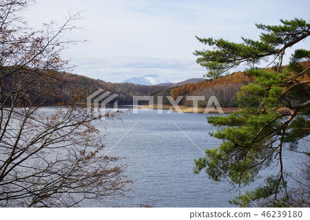 Snowy Iwate mountain seen from Iwado lake Snowy Iwate mountain seen from Iwado lake 46239180