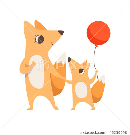 Loving mother fox and her little baby holding hands, fox cub with red balloon, animal family 46239998
