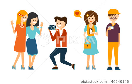 Guy taking photo of two young girls. Woman reading love message. Teen boy holding smartphone. Flat 46240146