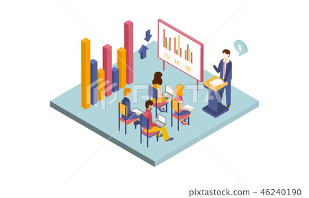 Isometric vector illustration of business conference. Man presenting graph. People sitting with Isometric vector illustration of business conference. Man presenting graph. People sitting with 46240190