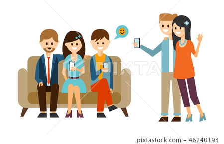 Group of young people sitting on sofa and using mobile phones. Couple making selfie with smartphone Group of young people sitting on sofa and using mobile phones. Couple making selfie with smartphone 46240193