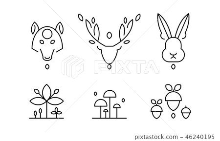 Collection of plants and wild animals head in linear style, forest decorative elements vector Collection of plants and wild animals head in linear style, forest decorative elements vector 46240195