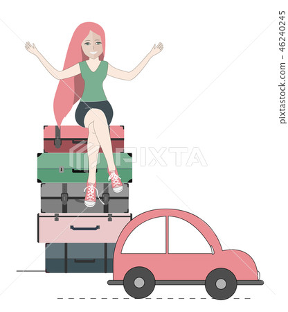Happy traveler woman sitting on suitcases and the car ready to go. Vector illustration Happy traveler woman sitting on suitcases and the car ready to go. Vector illustration 46240245