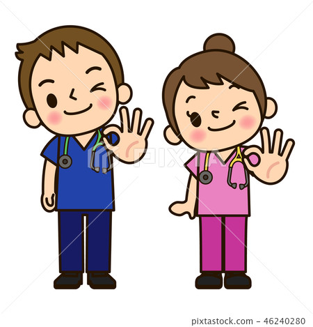 Scrub staff men and women OK sign 46240280