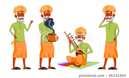 Indian Old Man Poses Set Vector. Hindu. Asian. Elderly People. Senior Person. Aged. Snake Cobra Indian Old Man Poses Set Vector. Hindu. Asian. Elderly People. Senior Person. Aged. Snake Cobra 46242804