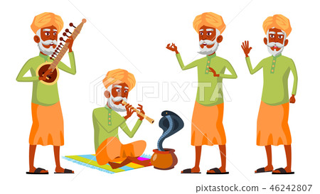 Indian Old Man Poses Set Vector. Hindu. Asian. Elderly People. Senior Person. Aged. Snake Cobra Indian Old Man Poses Set Vector. Hindu. Asian. Elderly People. Senior Person. Aged. Snake Cobra 46242807