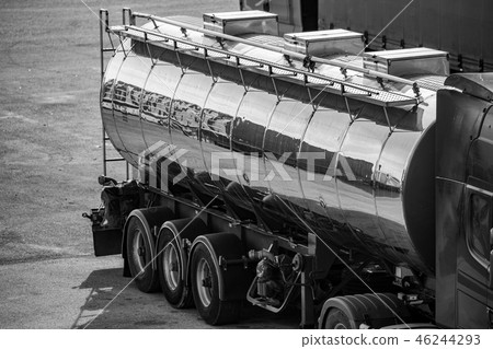 Shiny tin fuel truck, black and white side view Shiny tin fuel truck, black and white side view 46244293