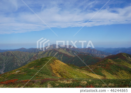 從Asahi山脈Nishi-Asahi-dake和Yuto-dake遠景的縱向跑道 從Asahi山脈Nishi-Asahi-dake和Yuto-dake遠景的縱向跑道 46244865