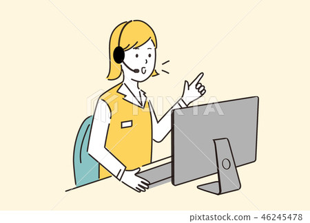 Illustration of a woman talking with a smile while looking at chat support, remote work, screen 46245478