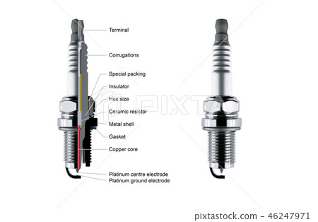 Spare parts spark plugs on white background for car and motorcycle 46247971