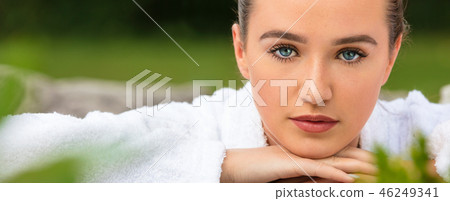Beautiful Young Woman Relaxing in Robe Health Spa Beautiful Young Woman Relaxing in Robe Health Spa 46249341