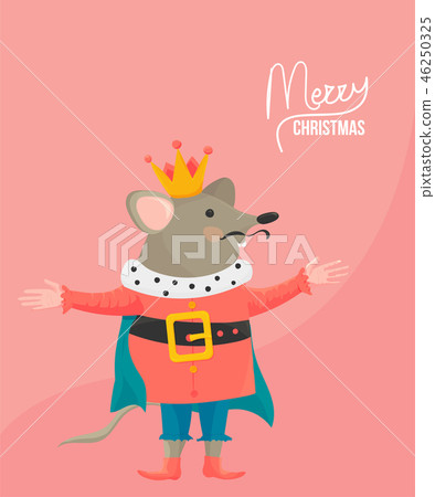 Merry Christmas Vector illustration: Nutcracker Fairy Tale Mouse King and greeting text Merry Merry Christmas Vector illustration: Nutcracker Fairy Tale Mouse King and greeting text Merry 46250325