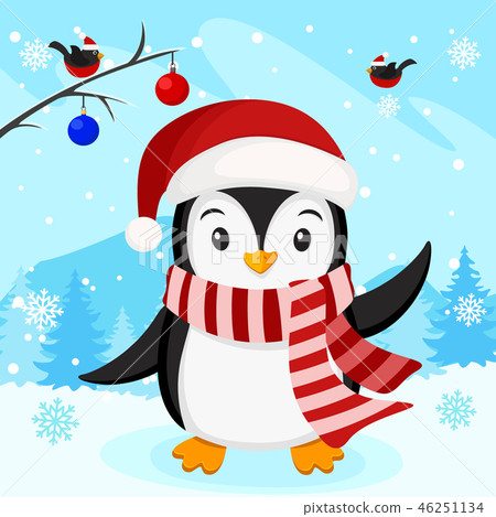 Penguin in a hat and scarf on the background of - Stock Illustration