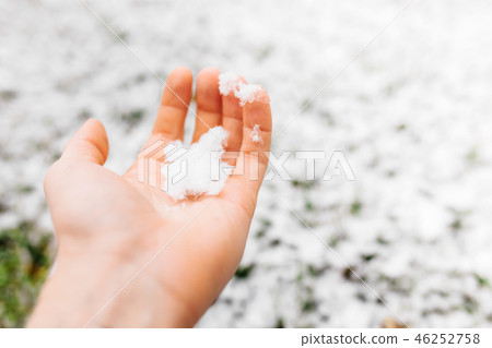 The snow in the guy's hands. On the background The snow in the guy's hands. On the background 46252758