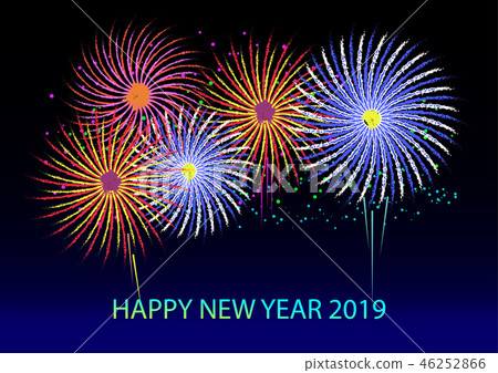 Greeting Happy New Year 2019 firework background. Greeting Happy New Year 2019 firework background. 46252866