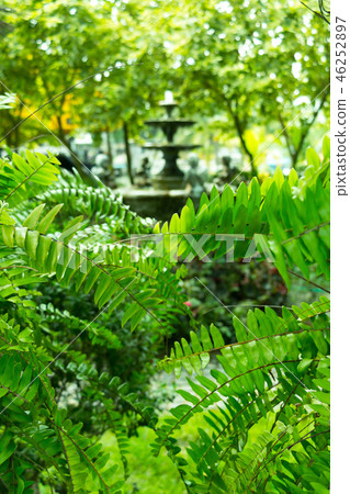 Fountain multi-tiered in garden through branches. 46252897