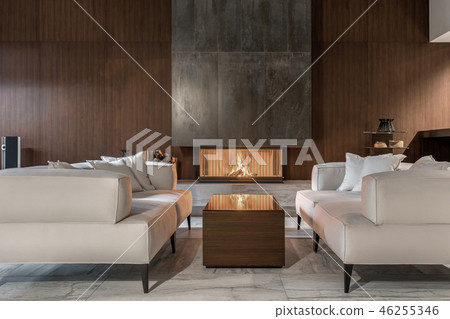 Modern interior with wooden wall and burning fireplace 46255346
