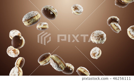 Falling many sweet donuts on brown background 46256111