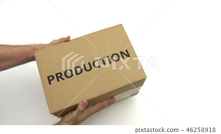 Man gives box with PRODUCTION text on it Man gives box with PRODUCTION text on it 46258918