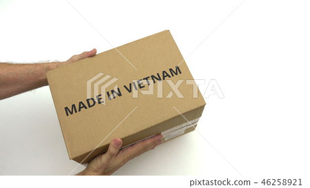 Hands hold carton with MADE IN VIETNAM text 46258921
