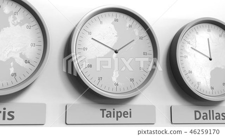 Focus on the clock showing Taipei, Taiwan time. Conceptual 3D rendering Focus on the clock showing Taipei, Taiwan time. Conceptual 3D rendering 46259170