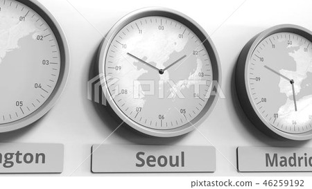 Clock shows Seoul, South Korea time among different timezones. Conceptual 3D rendering 46259192