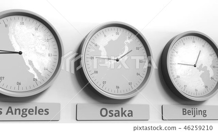 Clock shows Osaka, Japan time among different timezones. Conceptual 3D rendering Clock shows Osaka, Japan time among different timezones. Conceptual 3D rendering 46259210