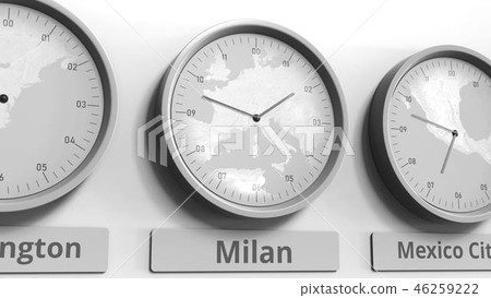 Focus on the clock showing Milan, Italy time. Conceptual 3D rendering Focus on the clock showing Milan, Italy time. Conceptual 3D rendering 46259222