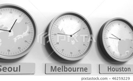 Focus on the clock showing Melbourne, Australia time. Conceptual 3D rendering Focus on the clock showing Melbourne, Australia time. Conceptual 3D rendering 46259229