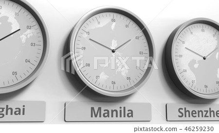 Round clock showing Manila, Philippines time within world time zones. Conceptual 3D rendering Round clock showing Manila, Philippines time within world time zones. Conceptual 3D rendering 46259230