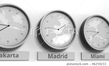 Clock shows Madrid, Spain time among different timezones. Conceptual 3D rendering Clock shows Madrid, Spain time among different timezones. Conceptual 3D rendering 46259231
