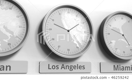 Round clock showing Los Angeles, USA time within world time zones. Conceptual 3D rendering Round clock showing Los Angeles, USA time within world time zones. Conceptual 3D rendering 46259242