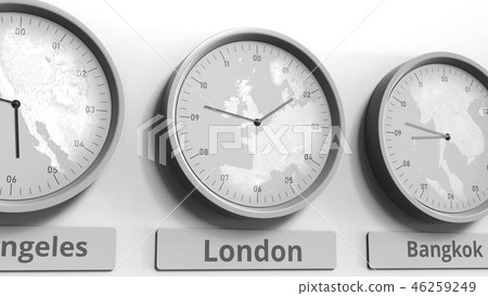 Clock shows London, United Kingdom time among different timezones. Conceptual 3D rendering Clock shows London, United Kingdom time among different timezones. Conceptual 3D rendering 46259249