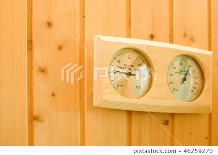 Interior of the sauna. Measurement of humidity and temperature by thermometer and hygrometer. Health 46259270