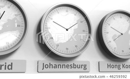 Round clock showing Johannesburg, South Africa time within world time zones. Conceptual 3D rendering Round clock showing Johannesburg, South Africa time within world time zones. Conceptual 3D rendering 46259392