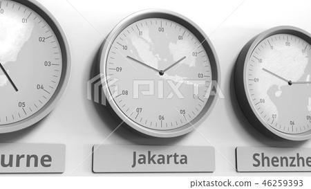 Clock shows Jakarta, Indonesia time among different timezones. Conceptual 3D rendering Clock shows Jakarta, Indonesia time among different timezones. Conceptual 3D rendering 46259393