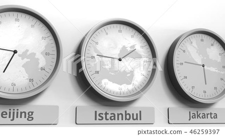 Round clock showing Istanbul, Turkey time within world time zones. Conceptual 3D rendering 46259397