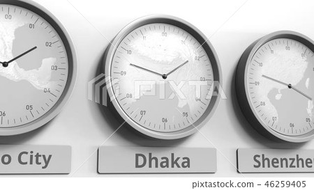 Round clock showing Dhaka, Bangladesh time within world time zones. Conceptual 3D rendering 46259405