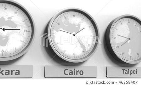 Clock shows Cairo, Egypt time among different timezones. Conceptual 3D rendering 46259407