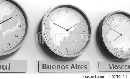 Clock shows Buenos Aires, Argentina time among different timezones. Conceptual 3D rendering 46259424