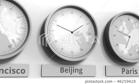 Focus on the clock showing Beijing, China time. Conceptual 3D rendering Focus on the clock showing Beijing, China time. Conceptual 3D rendering 46259428