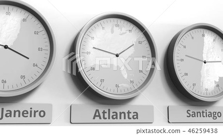 Round clock showing Atlanta, USA time within world time zones. Conceptual 3D rendering Round clock showing Atlanta, USA time within world time zones. Conceptual 3D rendering 46259438