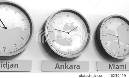 Clock shows Ankara, Turkey time among different timezones. Conceptual 3D rendering 46259439