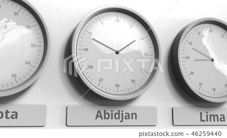 Focus on the clock showing Abidjan, Ivory Coast time. Conceptual 3D rendering Focus on the clock showing Abidjan, Ivory Coast time. Conceptual 3D rendering 46259440