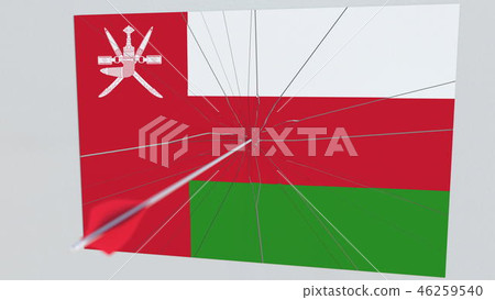 Archery arrow hits flag of OMAN plate. National security breach related 3D rendering Archery arrow hits flag of OMAN plate. National security breach related 3D rendering 46259540