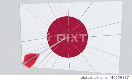 Archery arrow hits flag of JAPAN plate. Conceptual 3D rendering Archery arrow hits flag of JAPAN plate. Conceptual 3D rendering 46259587
