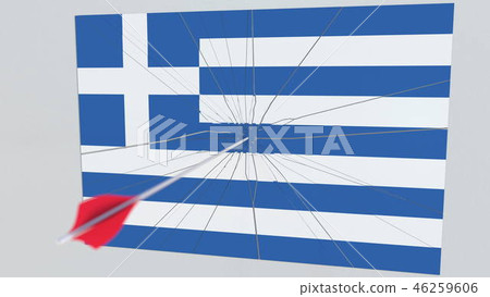 Flag of GREECE plate being hit by archery arrow. Conceptual 3D rendering Flag of GREECE plate being hit by archery arrow. Conceptual 3D rendering 46259606