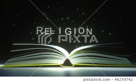 RELIGION text made of glowing letters vaporizing from open book. 3D rendering RELIGION text made of glowing letters vaporizing from open book. 3D rendering 46259742
