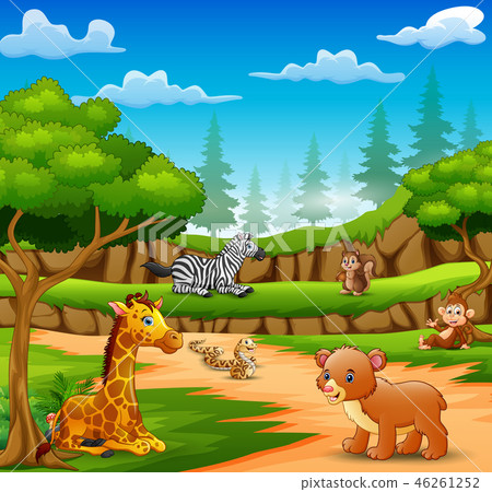 Happy animals cartoon on the nature scene 46261252