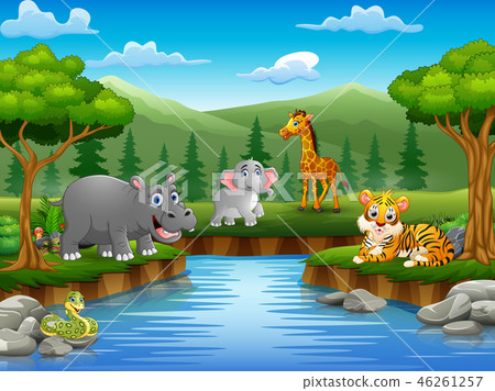 插图素材: animals cartoon are enjoying nature by the river